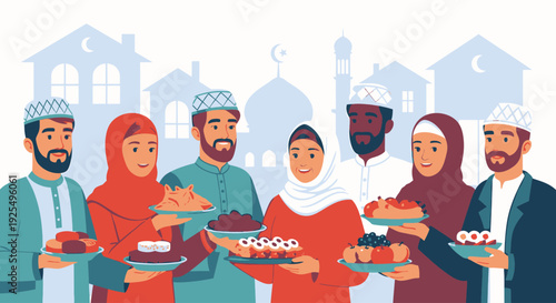 Diverse Muslim community sharing food.