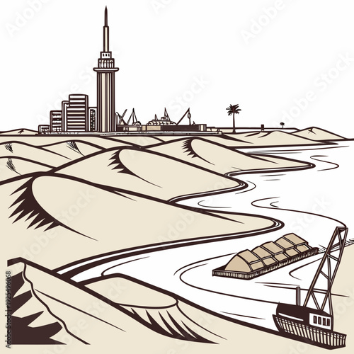 A cargo ship sails through a canal with a city in the background