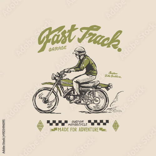 Fast Track vintage custom trail bike custom motorcycle illustration desert landscape nature national park. Retro outdoor apparel design	