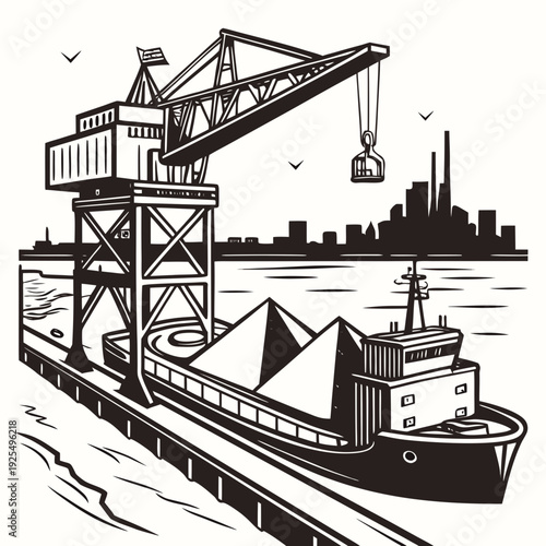 A cargo ship is being loaded at a port