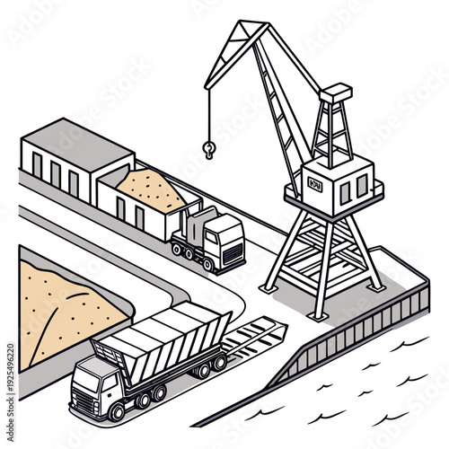 A crane is loading sand from a train into a truck