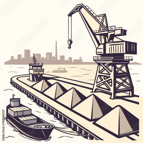 A cargo ship is being loaded with coal at a dock