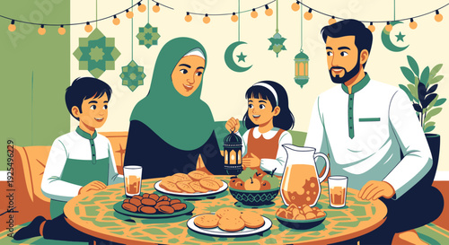 A Muslim family breaking their fast during Ramadan.