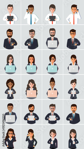 Diverse business professionals working on laptops and phones in modern office