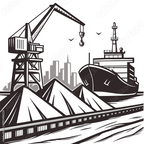 Cargo ship being loaded with coal at a port