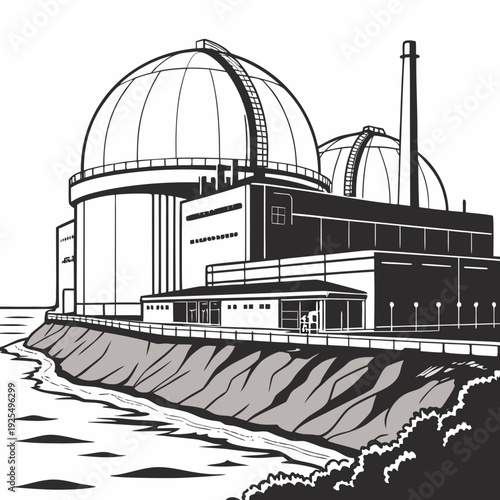 A black and white drawing of a nuclear power plant by the sea