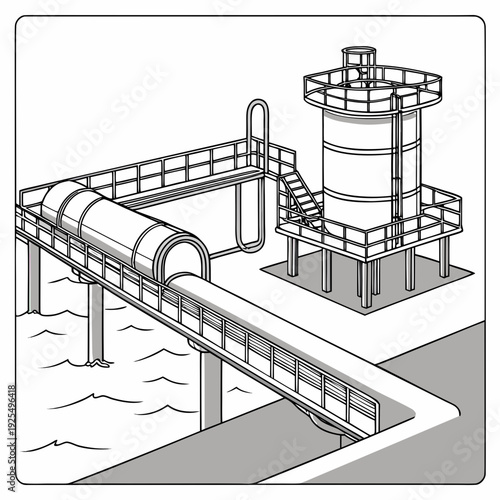 Industrial facility with a large cylindrical structure and conveyor belt
