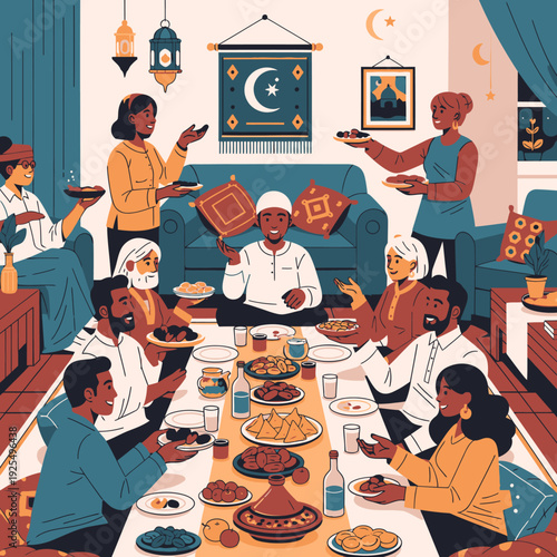 A diverse group of people gathered for iftar during Ramadan in a cozy living room.
