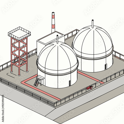 A 3d model of a nuclear power plant with two domes and a tower