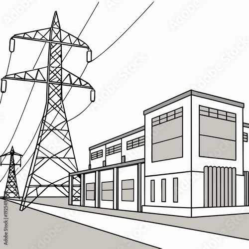 A power substation with a large transmission tower