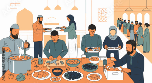 Muslim community gathering for iftar meal.