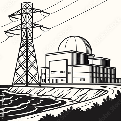 A black and white drawing of a nuclear power plant