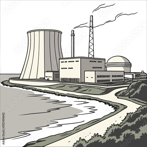 A nuclear power plant with a river running through it