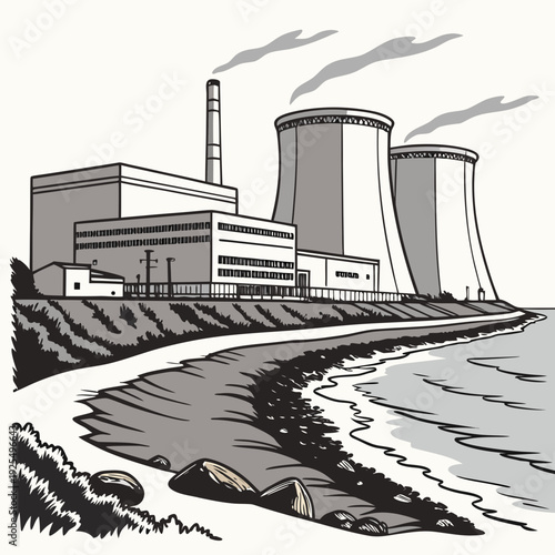 A nuclear power plant situated by the sea