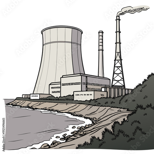 A nuclear power plant situated near a body of water