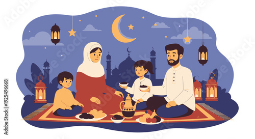 A Muslim family breaking their fast during Ramadan.
