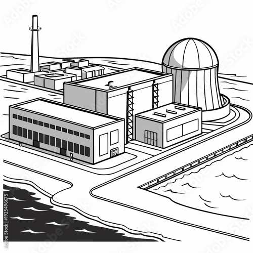 A black and white drawing of a nuclear power plant