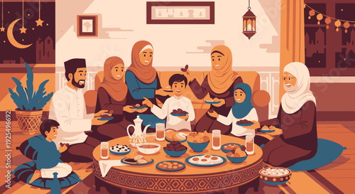 Muslim family gathering for iftar meal.
