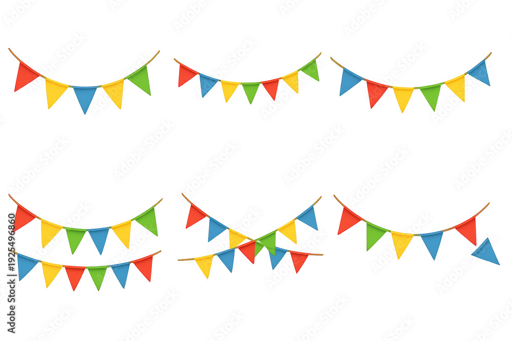 Obraz premium Six colorful triangular pennant bunting strings in red, yellow, green and blue hanging as festive decorations