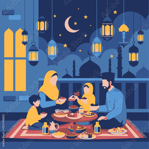 Family breaking fast during Ramadan at night.