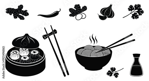 Black and white illustration of asian cuisine with dumplings and ginger silhouette
