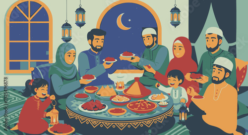 Muslim family gathering for iftar meal.