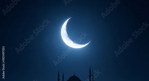 Bright Crescent Moon Over Mosque Silhouette photo stock