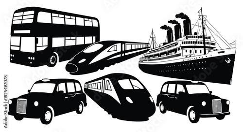 Black and white illustration of vehicles including a double decker bus silhouette