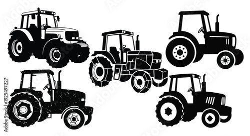 Two farm tractors depicted in a stark black graphic silhouette