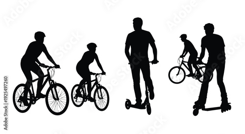 Two cyclists riding bicycles together on a white background silhouette