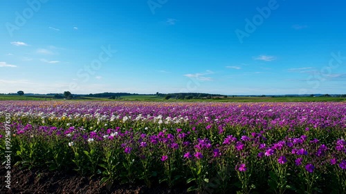 Vast Field of Purple and White Flowers Under a Clear Blue Sky