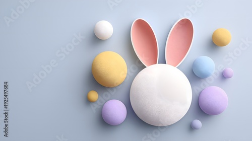 Creative 3D Easter Bunny Head with Pink Ears and Scattered Pastel Spheres on Soft Blue Background for Holiday Greeting