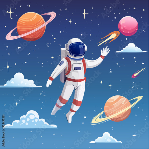 Astronaut exploring a vibrant cosmic wonderland with planets, stars, and celestial elements in a whimsical illustration