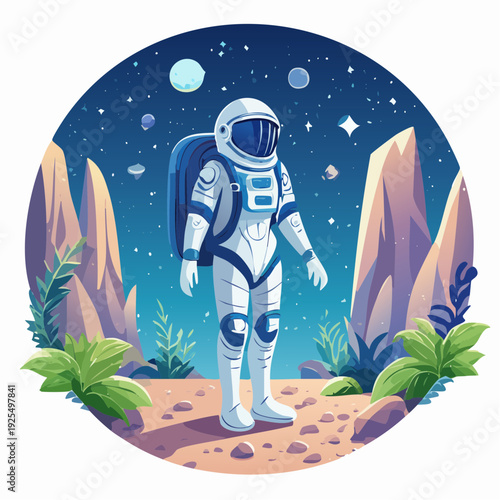 Brave astronaut exploring an alien planet under a starry night sky