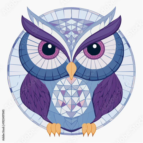 Captivating geometric owl illustration with a wise gaze, rendered in cool blue and purple mosaic patterns, symbolizing intricate elegance and artistic wisdom