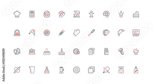 Pastry shop, bakery and confectionery line icon set. Ingredients and confectioners tools to bake bread and sweet cake, chefs hat, rolling pin thin black and red outline symbols vector illustration