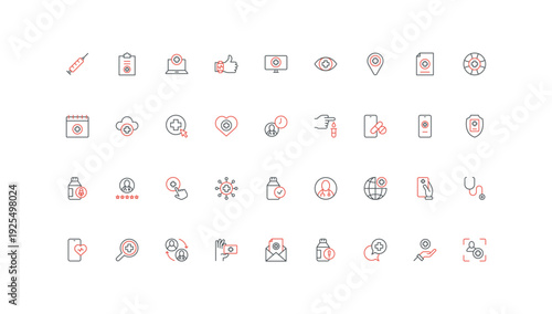 Online exam of doctor in hospital, pharmacy, digital service for diagnosis and pharmaceutical treatment line icon set. Pills search and review thin black and red outline symbols vector illustration