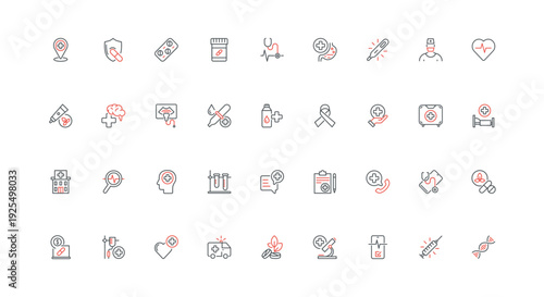 Pharmacy, pharmaceutical medical research, prescription of doctor, healthcare line icon set. Drugs dose of antibiotic and painkiller, aspirin thin black and red outline symbols vector illustration