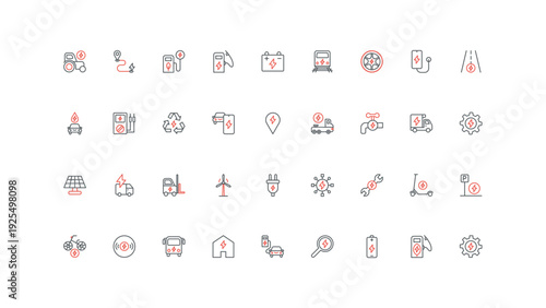 Electric energy transport, battery and electro car, sustainable power generation in green city line icon set. Charger station and parking, recycle thin black and red outline symbol vector illustration