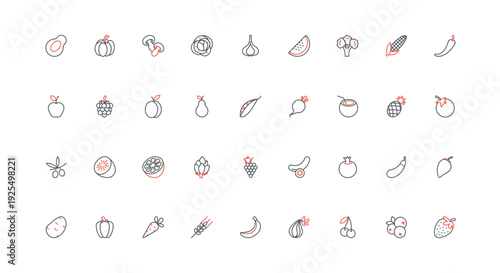 Farm harvest of organic vegetables and fruits line icon set. Healthy fresh vegan food products collection with avocado tomato pumpkin apple peach thin black and red outline symbols vector illustration