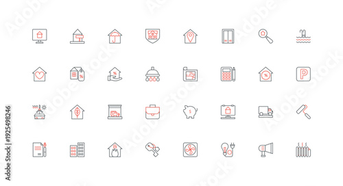 Real estate and property buy and sell, rent and insurance line icon set. Renovation and construction plan of new family house, purchase discount thin black and red outline symbols vector illustration