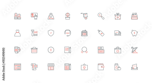 Orders and delivery from online retail store via mobile app line icon set. select and buy new dress, discount coupons offer, one click payment thin black and red outline symbols vector illustration