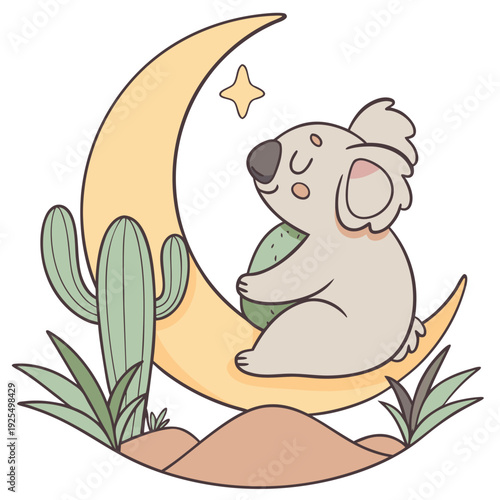 Cute Gentle Koala, accessorized with sitting on a moon, in a Desert Mirage world – Desert Mirage palette vector