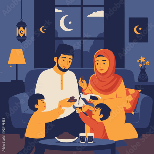 Family breaking fast during Ramadan at home.