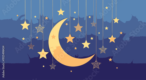 Night sky with crescent moon and stars.