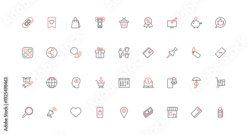Online retail store sales, discounts and coupons, gifts, order insurance line icon set. Customer choice, stars and likes, basket and delivery thin black and red outline symbols vector illustration