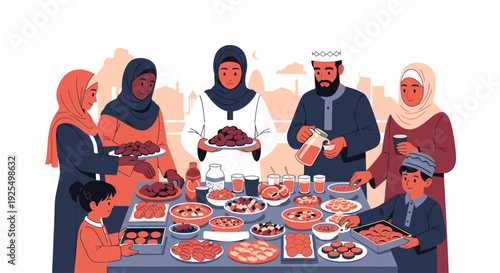 A Muslim family gathered for a festive meal.