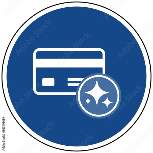 Blaues Schild mit Kreditkarte Symbol und Sparkles für künstliche Intelligenz Fintech KI Payment Online Banking Smart Finance Vektor