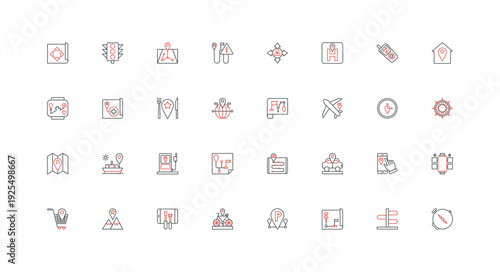 GPS navigation, tracking line icon set. Gadgets to find location pin on map of restaurant and home, gas station, hospital and parking lot thin black and red outline symbols vector illustration