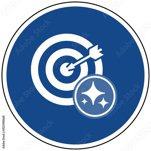 Blaues Schild mit Zielscheibe und Pfeil Symbol sowie Sparkles für künstliche Intelligenz KI Targeting Strategie Vektor
